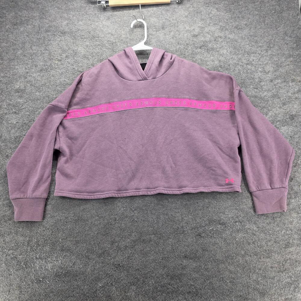 Under Armour Hoodie Womens Medium Purple Cropped Fleece Pullover Pink Logo